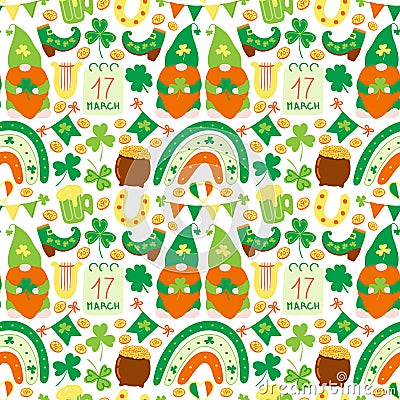 Patricks Day vector seamless pattern. With green irish gnomes, flags and shamrock, rainbow and pot of gold elements. Vector Illustration