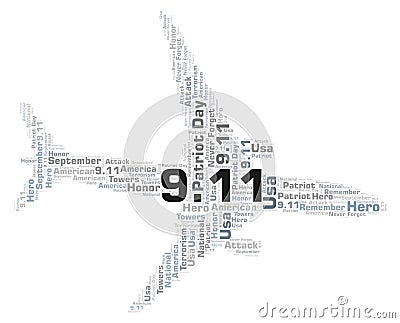 9.11 Patriot Day in a airplane shape word cloud. Stock Photo