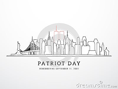 Patriot Day 9-11 banner. New York skyline view September 11, 2001. Vector Illustration