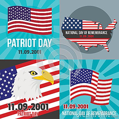 Patriot day banner concept set, flat style Cartoon Illustration