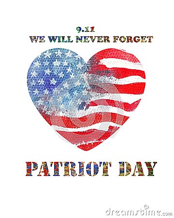 Patriot Day the 11th of september. Watercolor heart shaped american flag. Hand drawn illustration. Cartoon Illustration