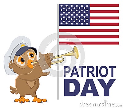 Patriot Day USA. Owl bugler in white cap plays horn Vector Illustration