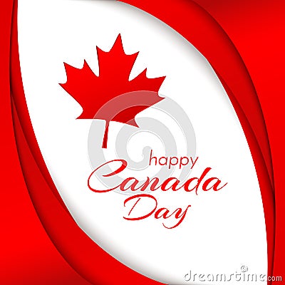 Patriot poster with Canada flag and the text of the Happy Canada Day Wavy red satin lines and a maple leaf on a white background Vector Illustration