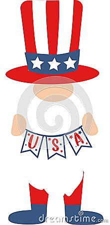 Patriotic american gnome. Cute scandinavian dwarf with flag USA. Cartoon Illustration