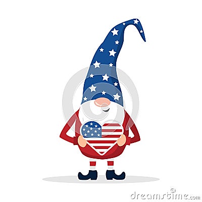 Patriotic american gnome. Cute scandinavian dwarf with heart. Elf celebrate Independence day in the United States. Happy Vector Illustration