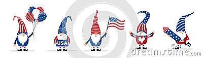 Patriotic american gnomes celebrate Independence day in the United States. Set of cute scandinavian elves with firework Vector Illustration