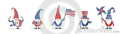 Patriotic american gnomes celebrate Independence day in the United States. Set of cute scandinavian elves with flag Vector Illustration