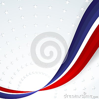 Patriotic background of colors of the national flag of USA smooth abstract wavy lines on the background of the pattern of stars Vector Illustration