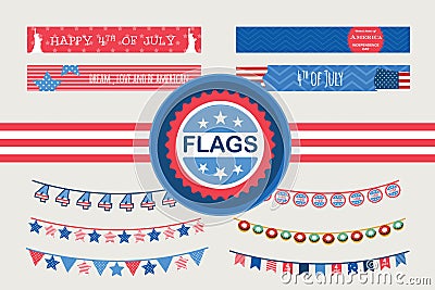 Patriotic bunting flags and straw flags. 4th of July American Flag for Independence Day. Vector Illustration