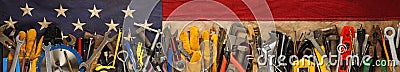 Patriotic collection of old and used work tools on worn US American flag. Made in USA, American workforce, or Labor Day Stock Photo