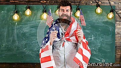 Patriotic education concept. Portrait of cheerful glad excited confident with toothy beaming smile student wearing denim Stock Photo