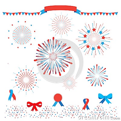 Patriotic fireworks elements logo label ribbons festive decoration set isolated on white template vector Vector Illustration