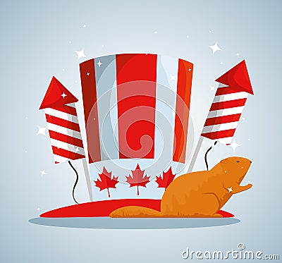 patriotic hat with fireworks and beaver to canada holiday Cartoon Illustration