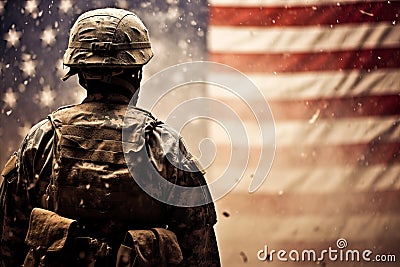 Patriotic Soldier Beams with Pride as He Contemplates the Symbolism of the American Flag Stock Photo