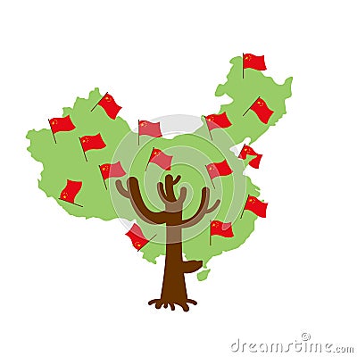 Patriotic tree China map. Chinese flag. National political Plant Vector Illustration