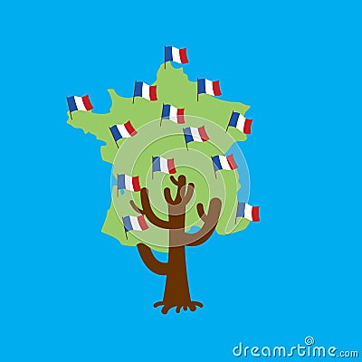 Patriotic tree France map. French flag. National political Plant Vector Illustration