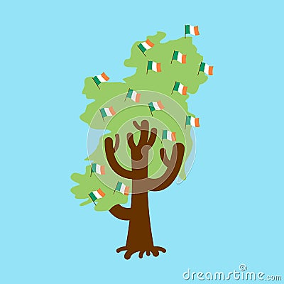 Patriotic tree Ireland map. Irish flag. National political Plant Vector Illustration