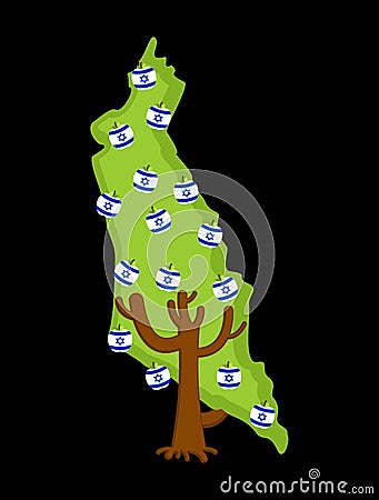 Patriotic tree Israel map. apple tree and apples Israeli flag. N Vector Illustration