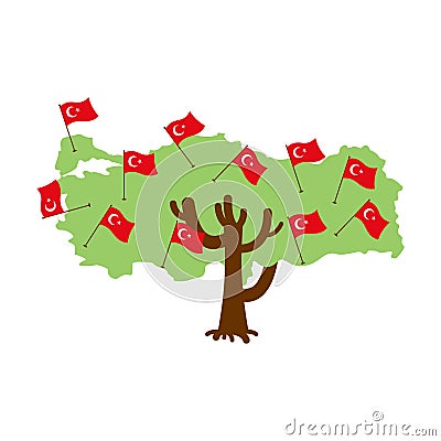 Patriotic tree Turkey map. Turkish flag. Vector Illustration