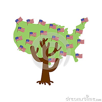 Patriotic tree USA map. America flag. National political Plant. Vector Illustration