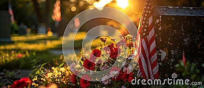 Patriotic Tribute at Sunset: Flag & Flowers Honor Veterans. Concept Patriotic Tribute, Sunset Stock Photo