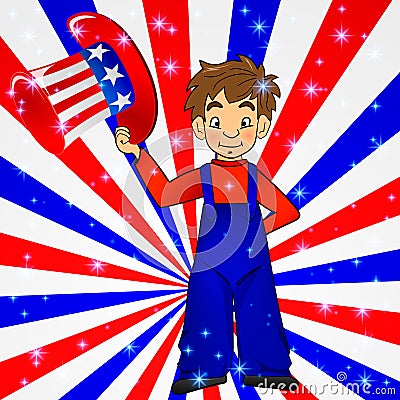 Patriotic Uncle Sam hat in young america boy hand: for 4th of July public holiday card greetings, vector. Cartoon Vector Illustration