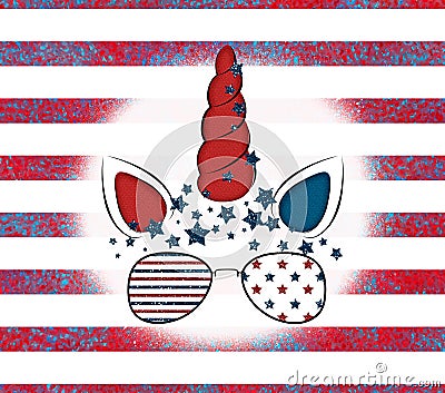 Patriotic Unicorn background. 4th of July. Stock illustration. Cartoon Illustration