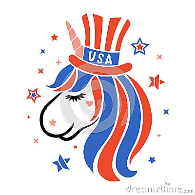 Patriotic unicorn faces with symbols of the USA. Happy 4th of july. Independence day Vector Illustration