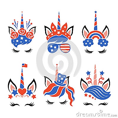 Patriotic unicorn faces with symbols of the USA. Happy 4th of july. Independence day Vector Illustration