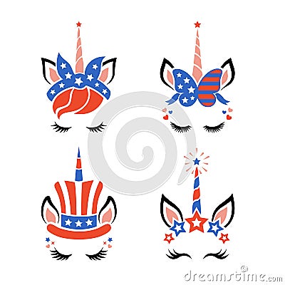 Patriotic unicorn faces with symbols of the USA. Happy 4th of july. Independence day Vector Illustration