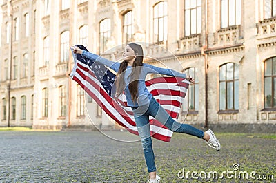 Patriotic upbringing. Patriotic child hold american flag outdoors. Little patriot celebrate Independence day. 4th of Stock Photo