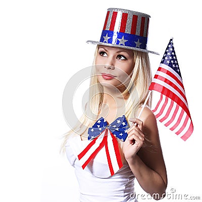 Patriotic Woman with American Flag isolated on white Stock Photo