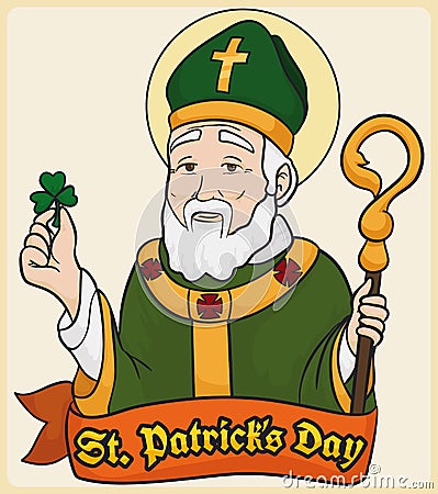 Patron Saint of Ireland: St. Patrick with Clover, Vector Illustration Vector Illustration