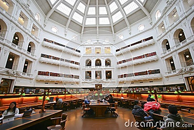 Neoclassical multistory La Trobe Reading Room with skylight doom inside heritage State Library Victoria, Melbourne, Australia Editorial Stock Photo