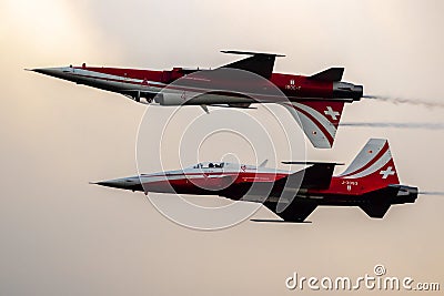 Patrouille Suisse aerobatic team Northrop F-5E Tiger II fighter jets airshow performing. Belgium. September 10, 2021 Stock Photo