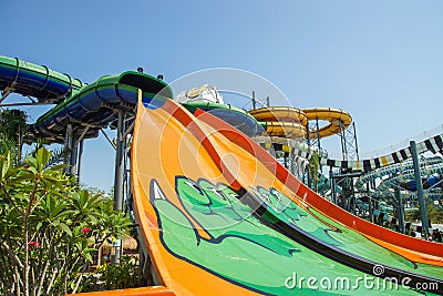 Bottom view of the large slides in the water park in the summer Editorial Stock Photo