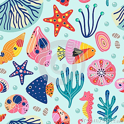 Seamless pattern with beautiful underwater sea life Vector Illustration