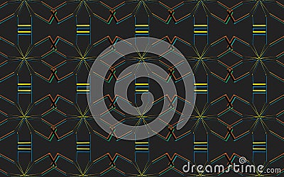 Pattern of abstract yellow, blue, black contours and lines in the ethnic style of the peoples of Africa on a geometric black backg Vector Illustration