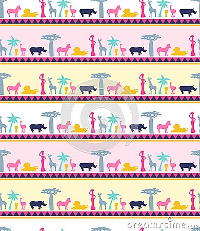 Pattern of Africa jungle elements with african animals and trees silhouette Vector Illustration