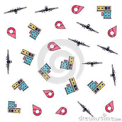 pattern of airplanes with pins location and hotel buildings Cartoon Illustration