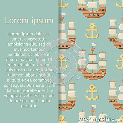 Pattern with anchors and sailboat. Cute Marine pattern for fabric, baby clothes, background, textile, wrapping paper Vector Illustration