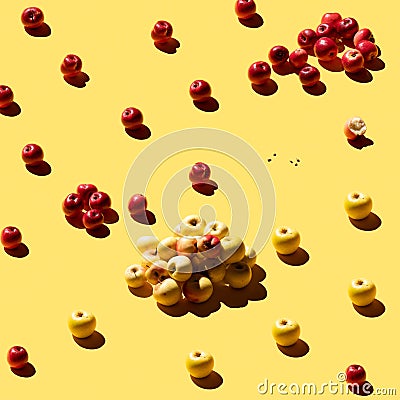 Pattern apples. Fresh apples on the yellow color background Stock Photo