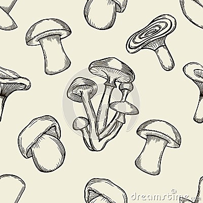 Pattern with artistically drawn mushrooms Vector Illustration