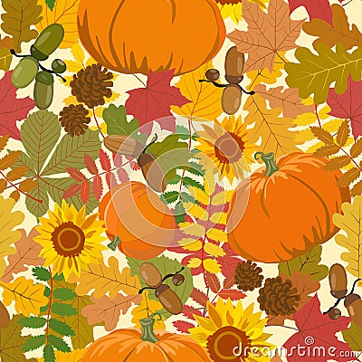 Pattern with autumn leaves, pumpkin, acorns and sunflower. Vector illustration. Stock Photo