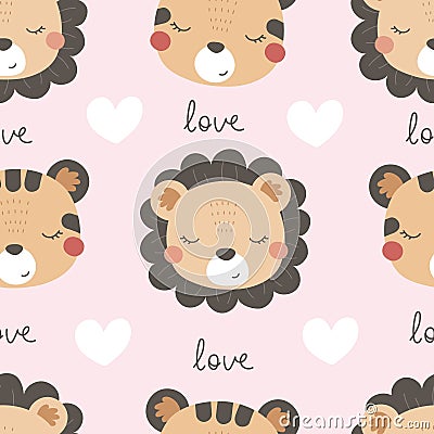 Seamless pattern with cute tiger, lion, decor elements. simple flat vector. Hand drawing for children. Vector Illustration