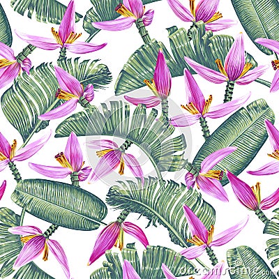 Seamless pattern with banana leaves and pink flowers in realistic style with high details. Vector Illustration