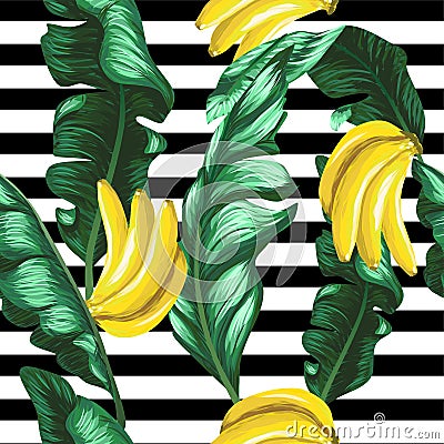 Pattern of bananas and green leaves on a striped background. Tropical background. Vector Illustration