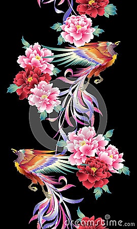 Pattern of the beautiful Japanese style flower and phoenix, Vector Illustration