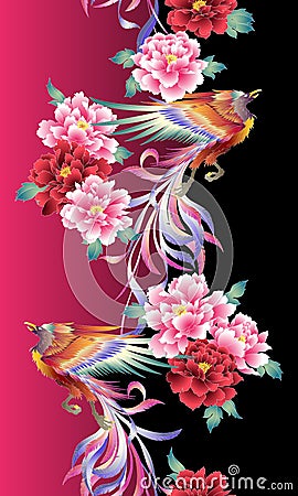 Pattern of the beautiful Japanese style flower and phoenix, Vector Illustration