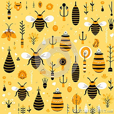 pattern of bees and flowers on a yellow background Cartoon Illustration